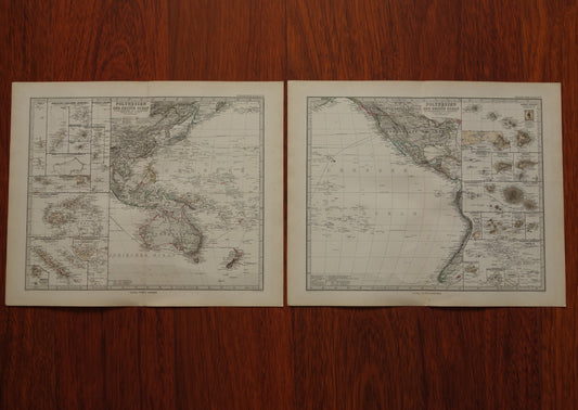 Oude kaart van de Grote Oceaan in 1885 originele antieke landkaart Australië Polynesië Indonesië Azië vintage print Stille Oceaan Pacific