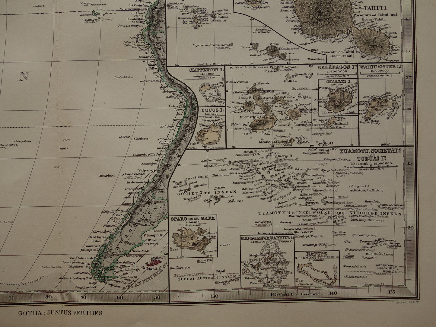 Oude kaart van de Grote Oceaan in 1885 originele antieke landkaart Australië Polynesië Indonesië Azië vintage print Stille Oceaan Pacific