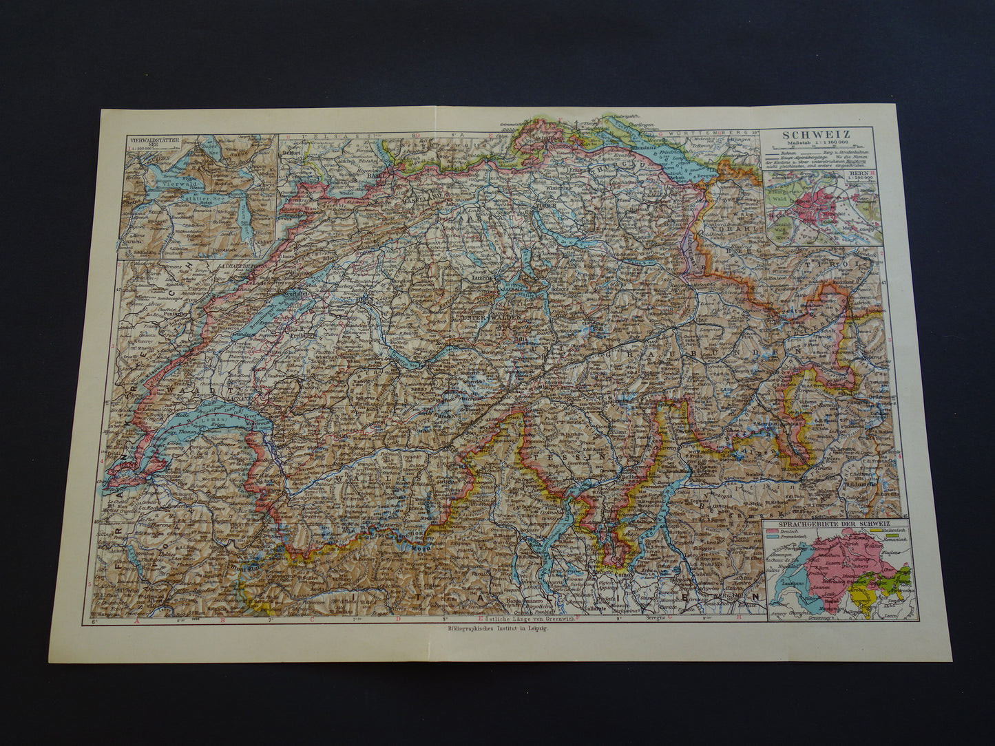 Oude kaart van Zwitserland uit 1926 originele gedetailleerde vintage landkaart Geneve Zürich Bern te koop