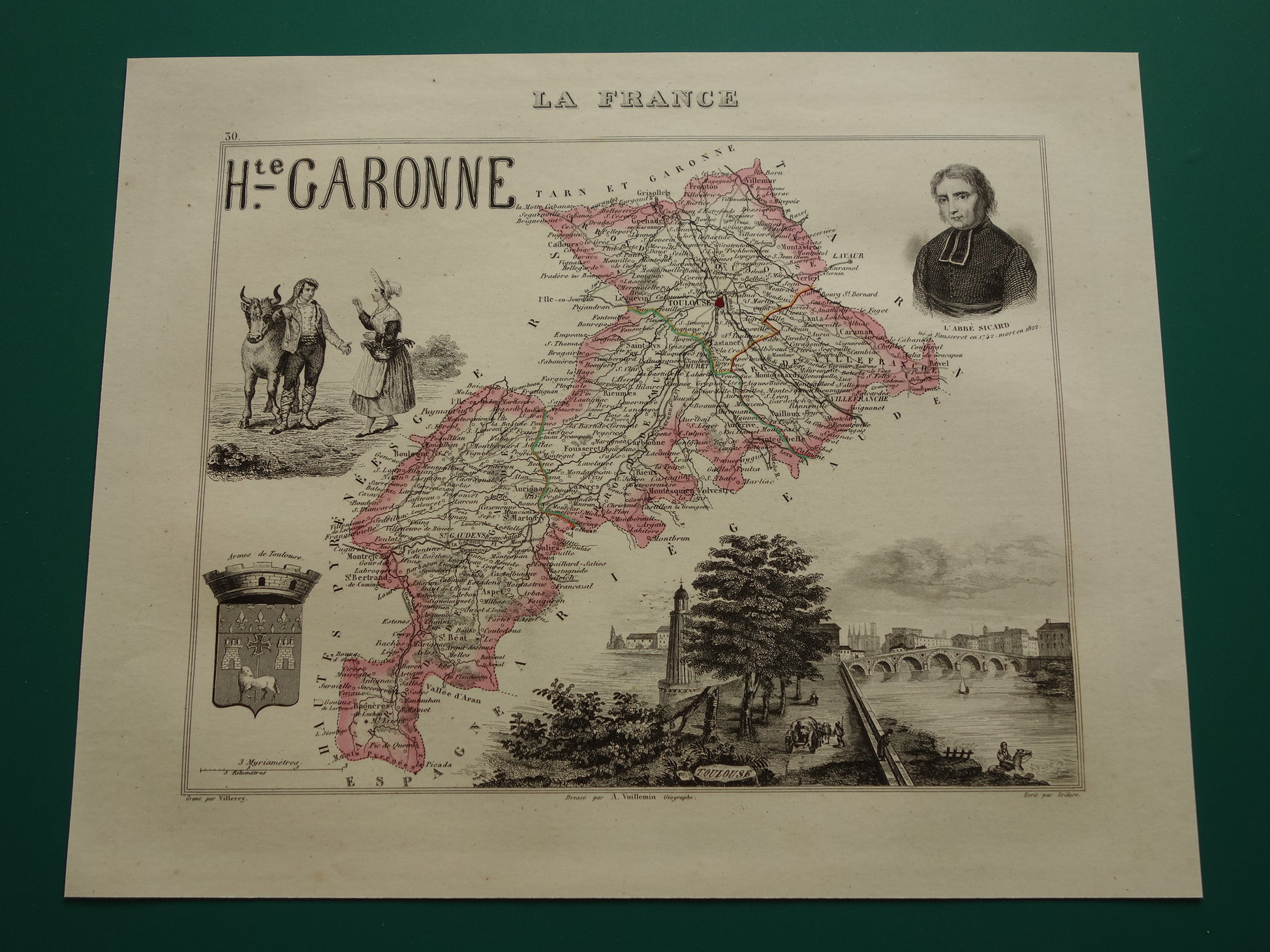 Oude kaart Haute-Garonne departement in Frankrijk uit 1851 originele antieke handgekleurde landkaart Toulouse
