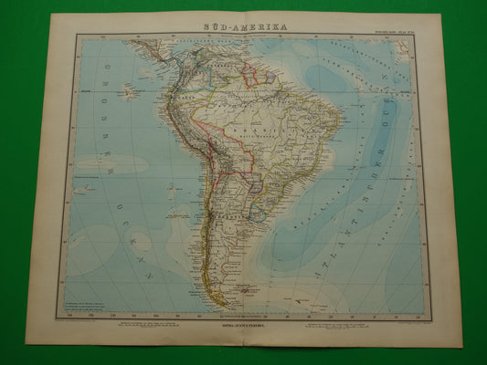 ZUID-AMERIKA vintage landkaart uit 1885 van continent Originele oude antieke kaart met jaartal historische kaarten van Zuid-Amerika