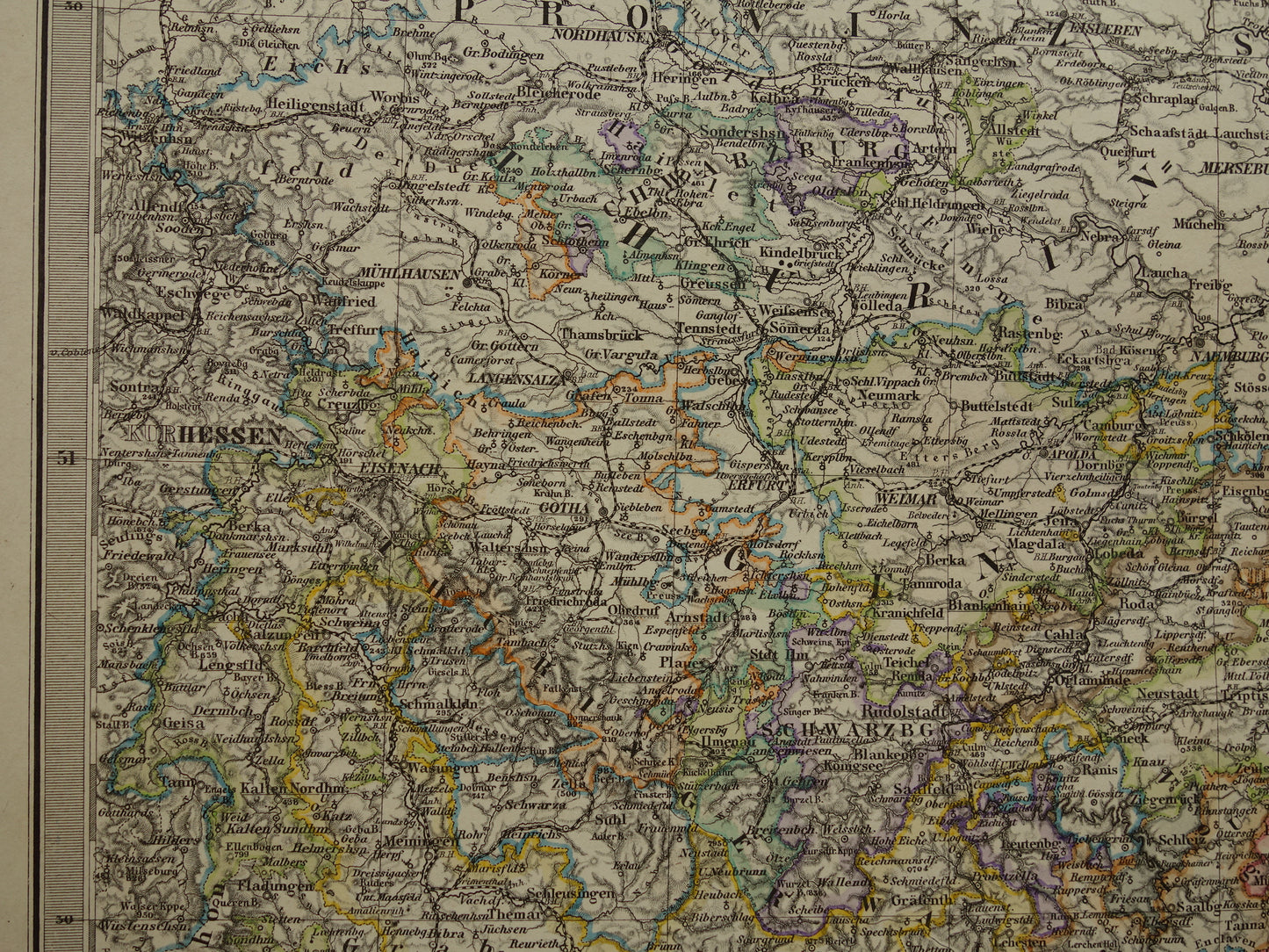 DUITSLAND oude landkaart van Saksen en Thüringen uit 1885 Originele antieke kaart met jaartal - historische kaarten Leipzig Dresden