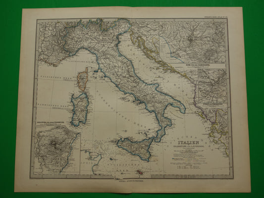 ITALIË antieke kaart van Italië Sicilië Etna Rome Turijn originele 135+ jaar oude landkaart van Italië