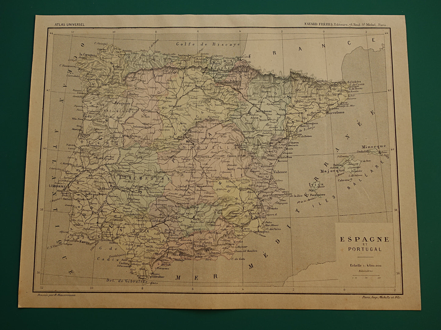 SPANJE oude landkaart van Spanje en Portugal uit het jaar 1896 origineel handgekleurde antieke kaart historische print Madrid