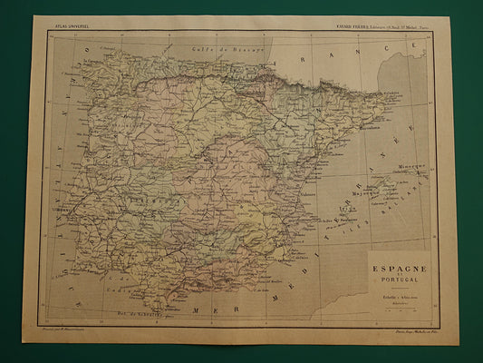 SPANJE oude landkaart van Spanje en Portugal uit het jaar 1896 origineel handgekleurde antieke kaart historische print Madrid
