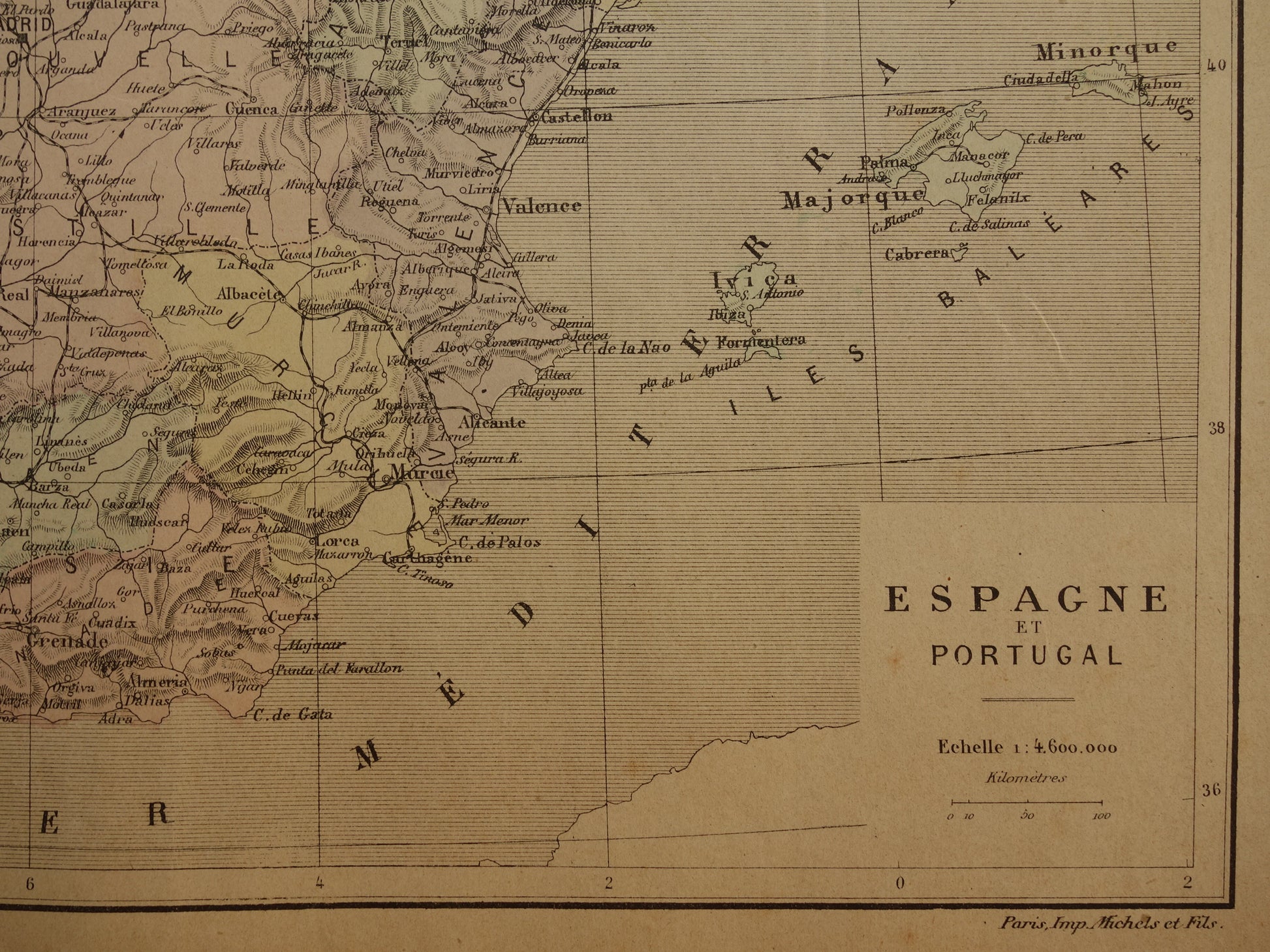 SPANJE oude landkaart van Spanje en Portugal uit het jaar 1896 origineel handgekleurde antieke kaart historische print Madrid
