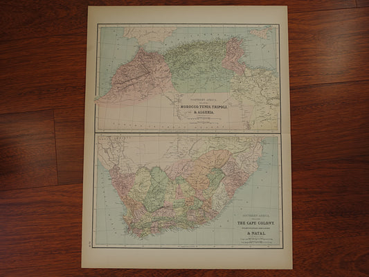 AFRIKA Grote antieke kaart van Zuid-Afrika en Noordwest-Afrika 1875 originele oude historische landkaart Marokko Algerije Tunesië