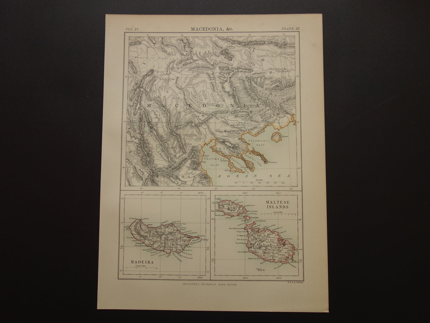 MACEDONIË oude kaart van Macedonie Madeira en Malta uit 1883 Originele antieke kaarten Gedetailleerde vintage landkaart