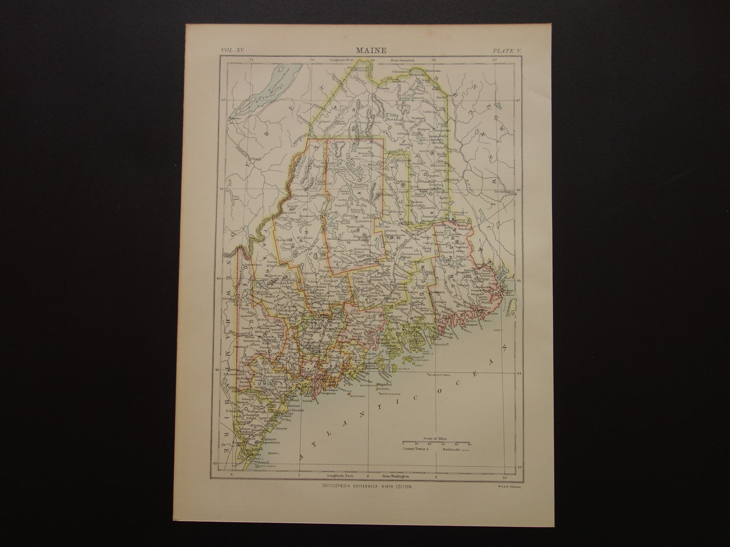 MAINE Oude kaart van de staat Maine1883 originele antieke kaart Portland Augusta Lewiston vintage kaarten van Verenigde Staten