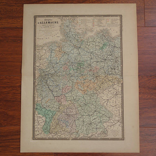 DUITSLAND grote antieke landkaart van het Duitse Rijk uit 1876 originele oude vintage kaart