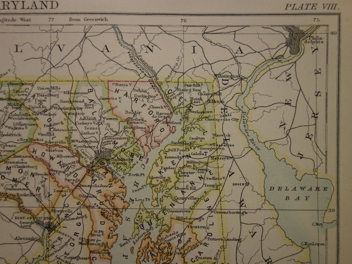 MARYLAND Oude kaart van de staat Maryland1883 originele antieke kaart Baltimore Columbia Washington vintage kaarten van Verenigde Staten