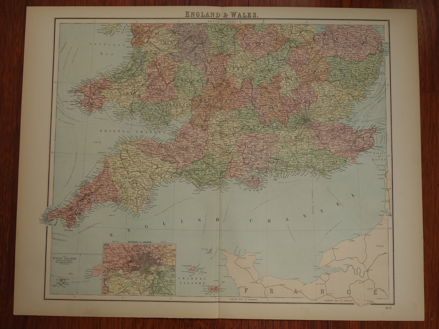 ENGELAND Vintage kaart van zuid-Engeland en Wales Scilly eilanden 1875 originele oude antieke grote landkaart