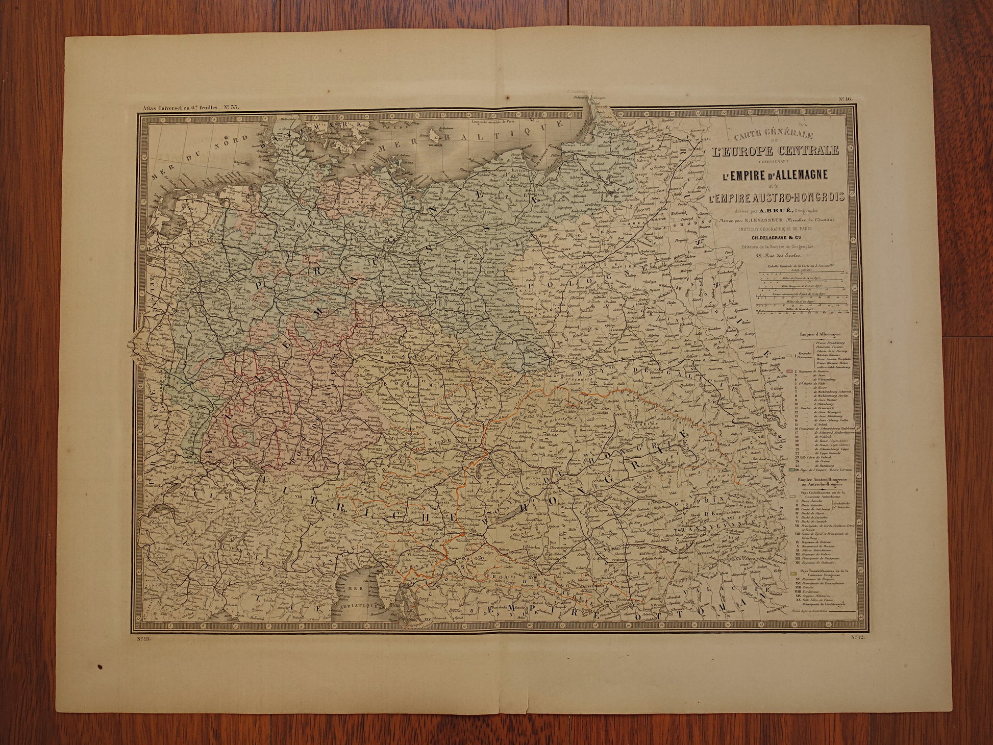 Kaart van Centraal-Europa in 1876 originele antieke handgekleurde oude landkaart poster van Duitsland, Polen Oostenrijk en Tsjechië