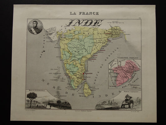 INDIA oude kaart 1872 originele antieke Franse handgekleurde landkaart van India met Franse koloniale bezittingen