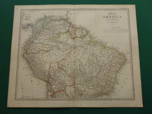 ZUID-AMERIKA oude kaart van Brazilië Suriname Peru Bolivia Ecuador Colombia Venezuela grote antieke vintage landkaart uit 1868
