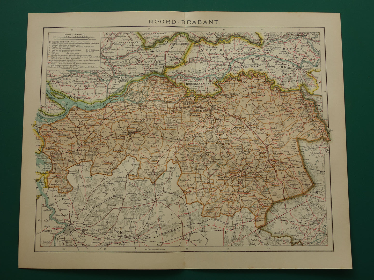 Noord-Brabant Oude landkaart van de provincie Noord-Brabant uit 1910 originele antieke kaart