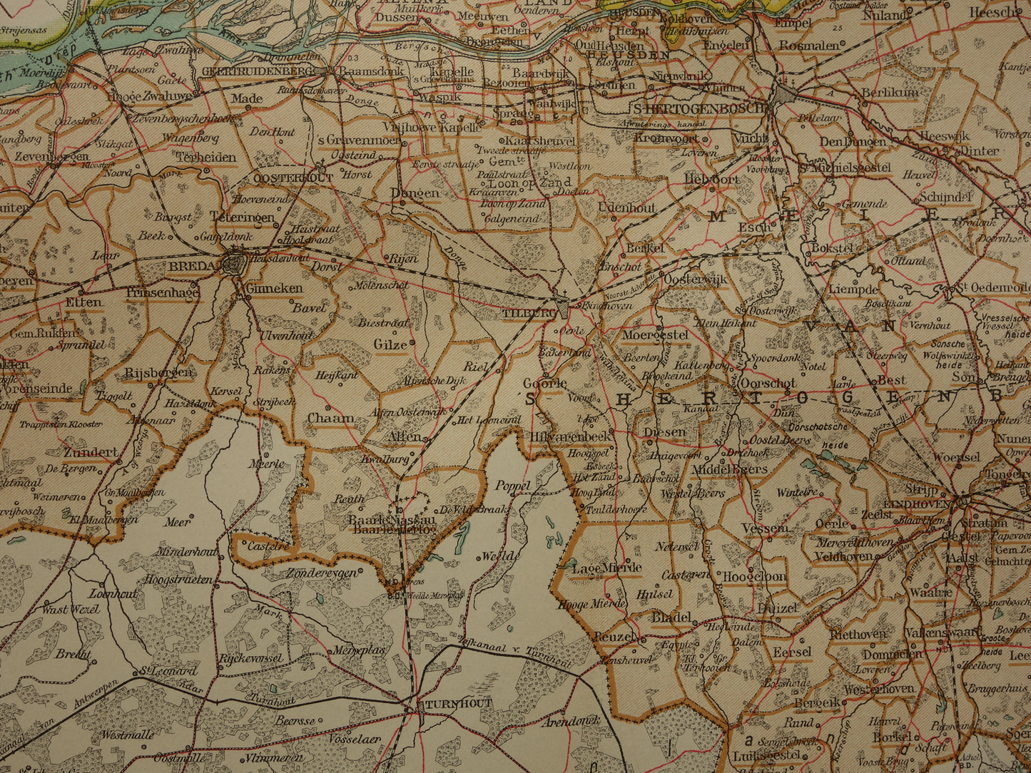 Noord-Brabant Oude landkaart van de provincie Noord-Brabant uit 1910 originele antieke kaart