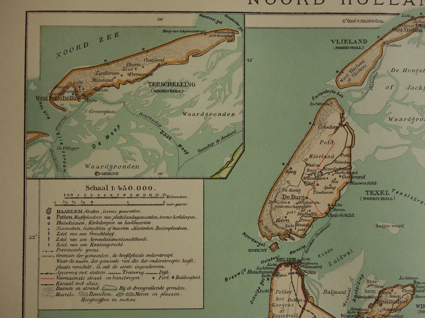 Antieke kaart van de provincie Noord-Holland uit 1910 originele vintage oude kaart Amsterdam Enkhuizen Alkmaar Texel - Nederlandse landkaarten