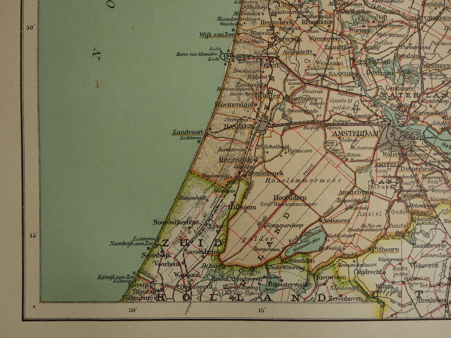 Antieke kaart van de provincie Noord-Holland uit 1910 originele vintage oude kaart Amsterdam Enkhuizen Alkmaar Texel - Nederlandse landkaarten