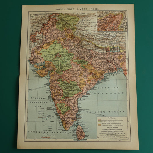 Oude landkaart van India in uit 1910 originele historische kaart van India Madras Bombay Mumbai
