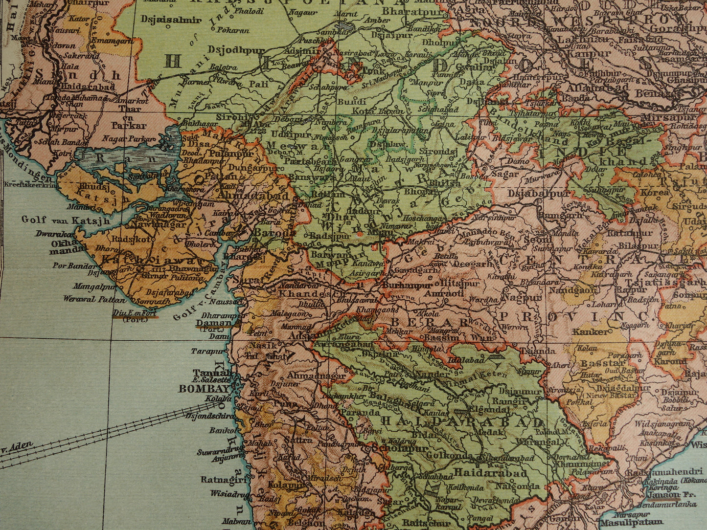 Oude landkaart van India in uit 1910 originele historische kaart van India Madras Bombay Mumbai