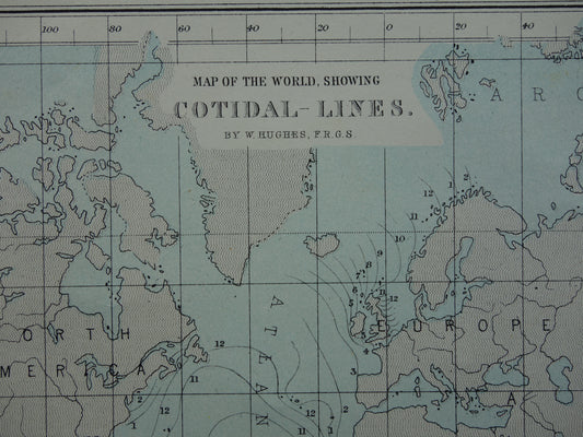 WERELDKAART oude kaart van de wereld met getijden en aardmagnetisch veld originele antieke kaart over magnetisme eb en vloed cotidale lijnen