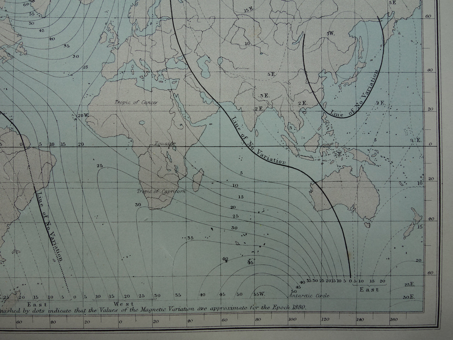 WERELDKAART oude kaart van de wereld met getijden en aardmagnetisch veld originele antieke kaart over magnetisme eb en vloed cotidale lijnen