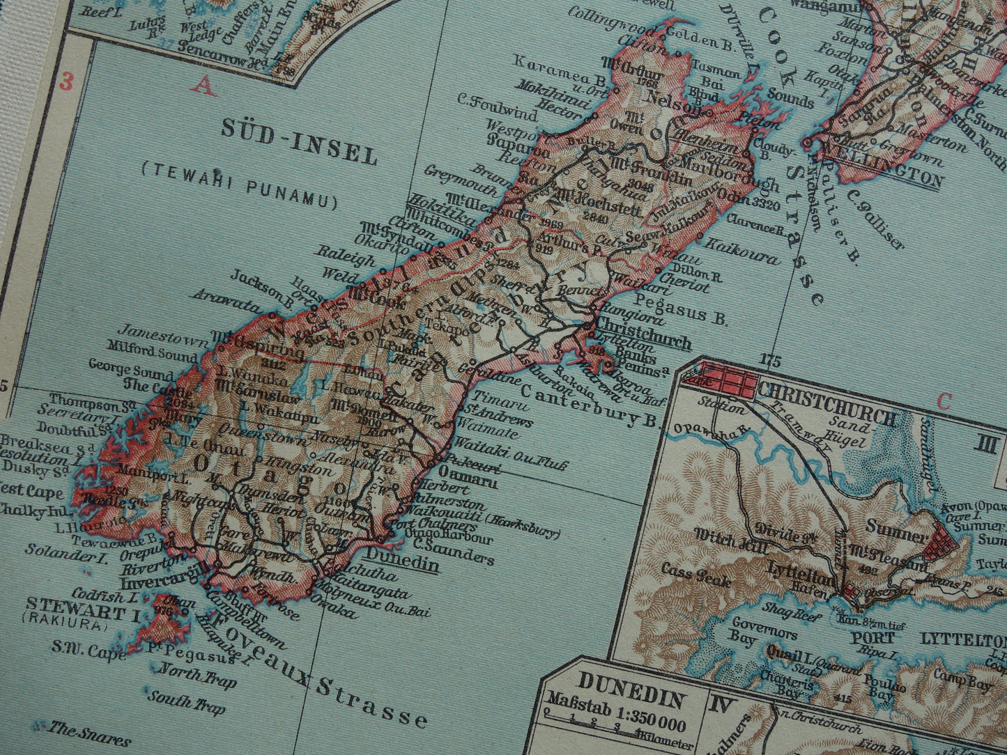 Oude landkaart van Nieuw-Zeeland uit 1931 originele vintage kaart Nieuw-Zeeland Dunedin Christchurch Auckland Wellington - antieke landkaarten