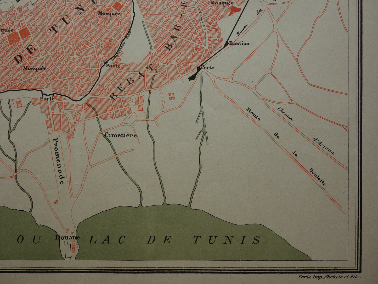 TUNIS oude kaart van Tunis Tunesië 1896 originele antieke Franse plattegrond van Tunis