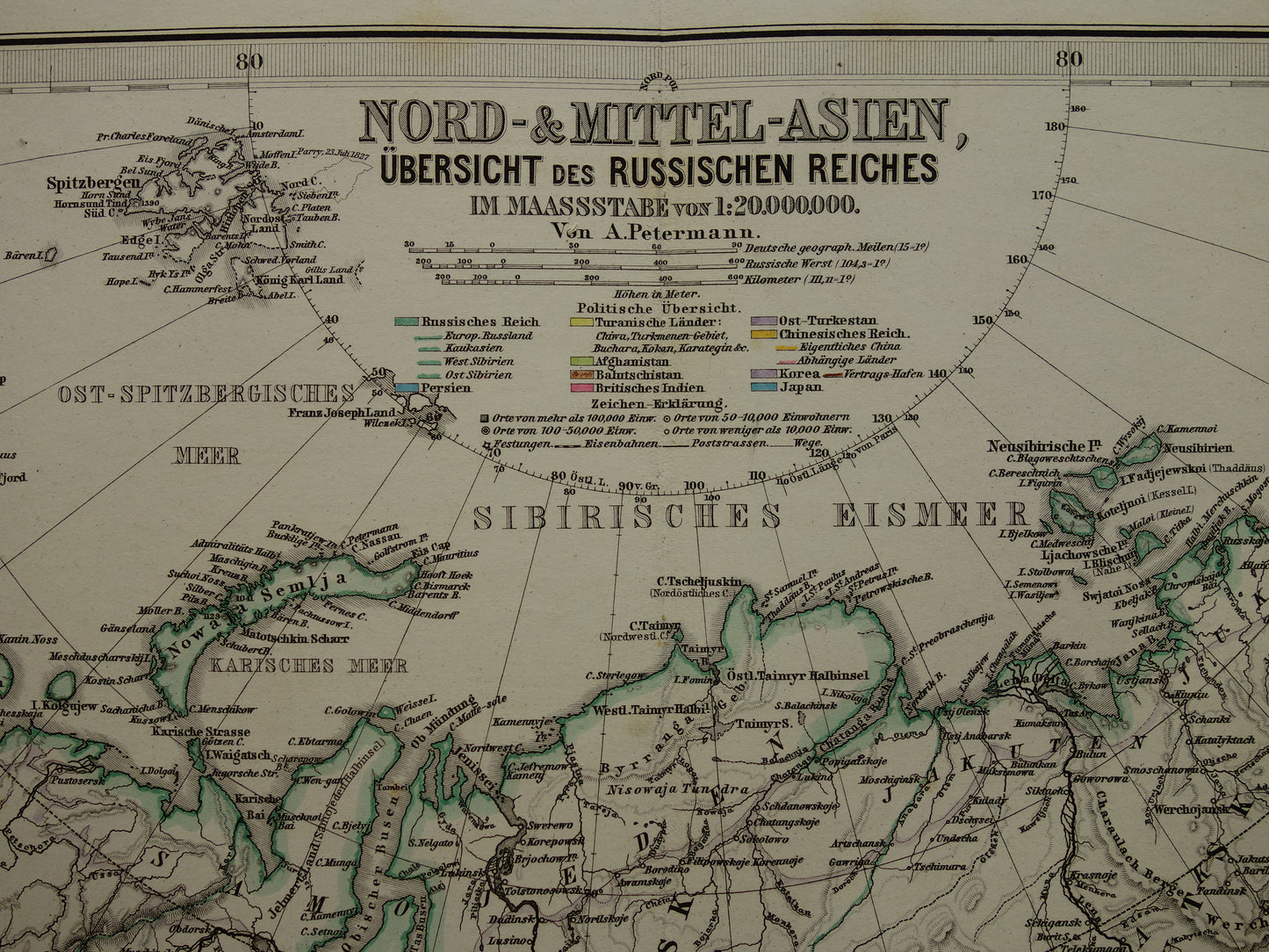 RUSLAND oude kaart van Russische Rijk Gedetailleerde antieke landkaart Europees en Aziatisch Rusland met jaartal - vintage poster Siberië 1875