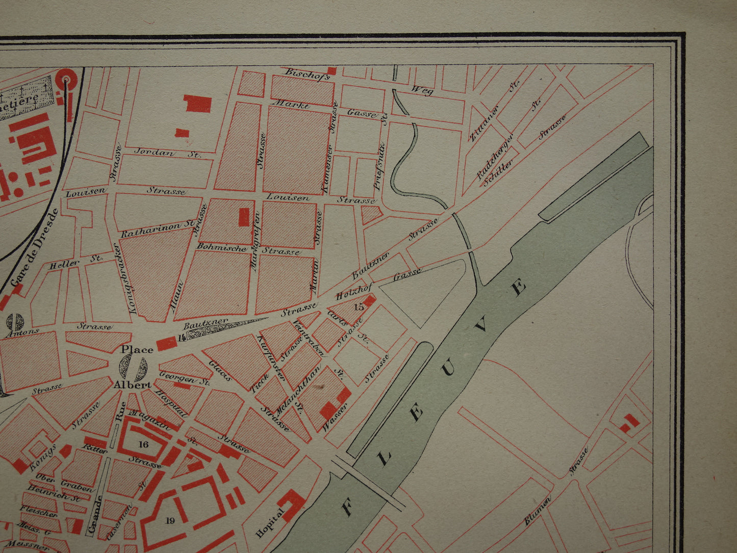 DRESDEN oude kaart van Dresden Duitsland uit 1879 originele antieke Franse plattegrond