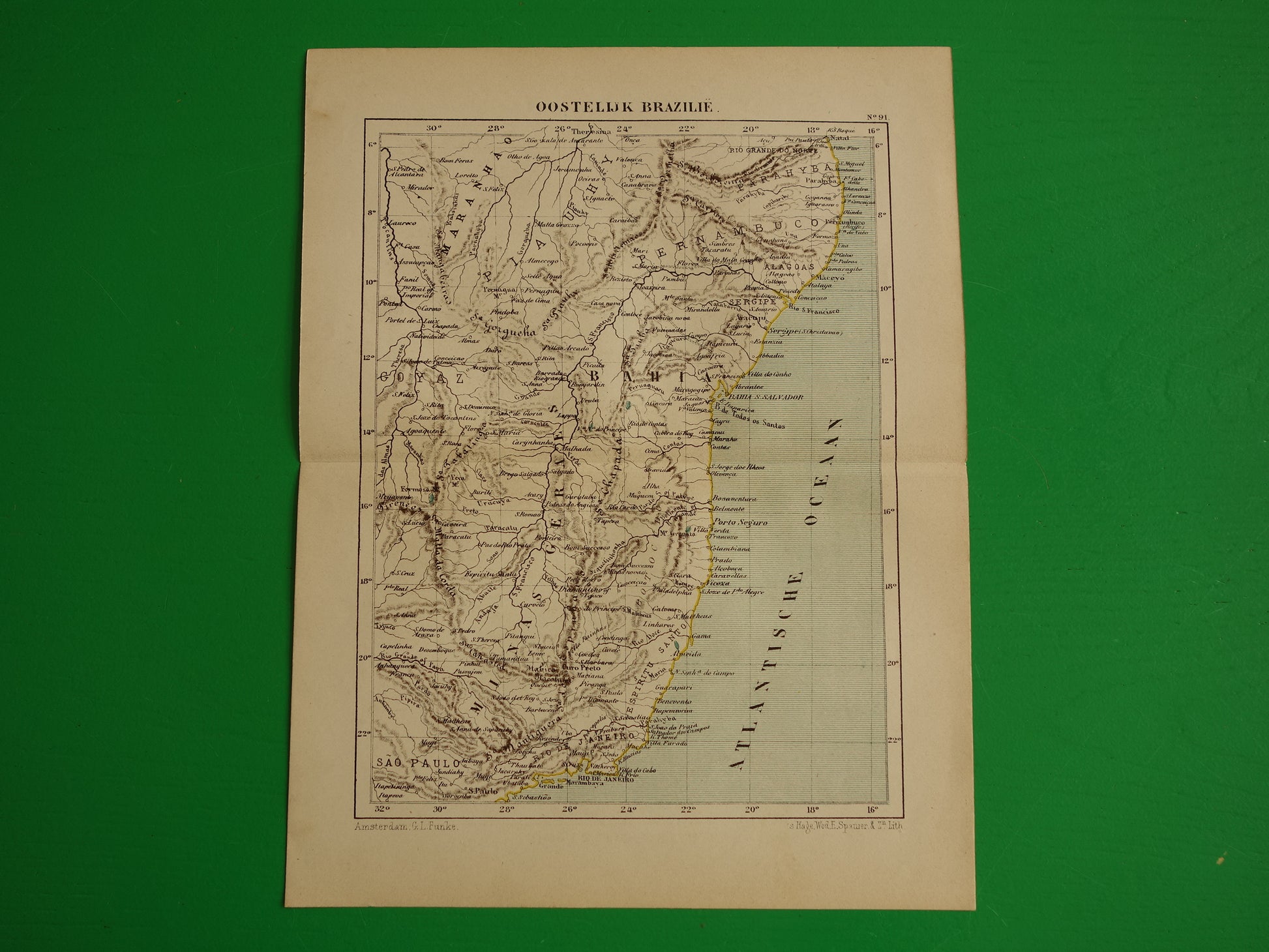 Brazilië oude landkaart oost Brazilië originele antieke Kuyper kaart uit 1882 vintage kaarten Rio de Janeiro Natal