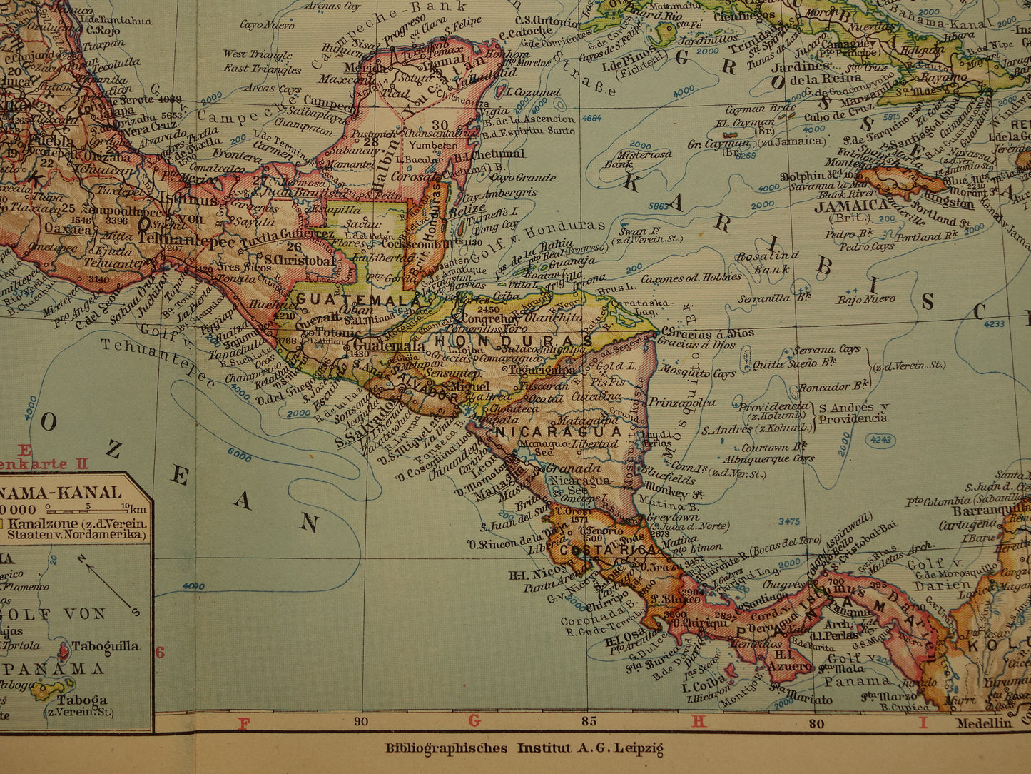 Oude landkaart van Midden-Amerika uit 1931 originele vintage kaart Mexico Panamakanaal Antillen Caribisch / Caraïbisch gebied