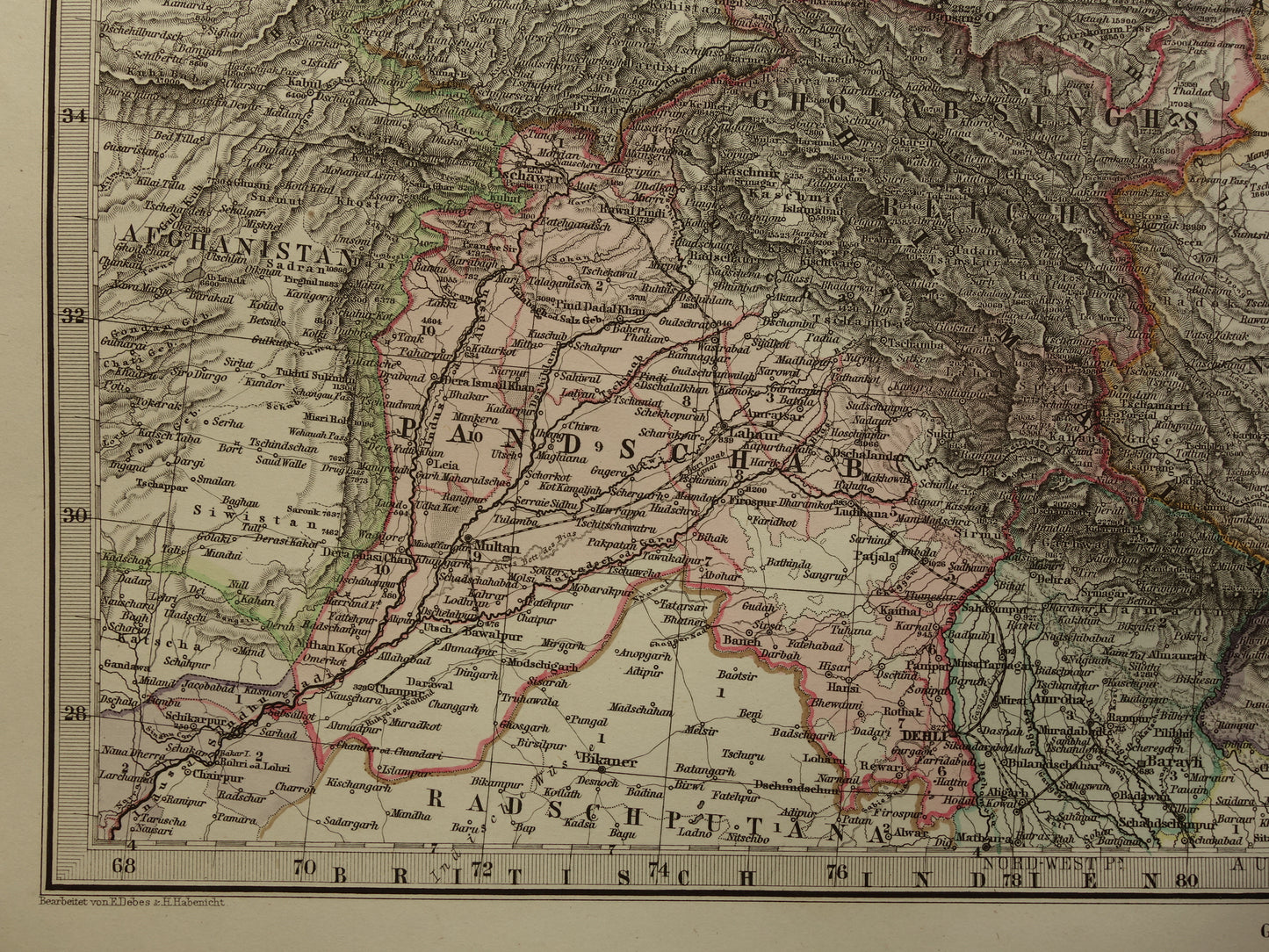 CENTRAAL-AZIË oude kaart van Tibet Kashmir Turkestan Himalaya antieke Duitse kaart Oezbekistan Kirgizië Tadzjikistan