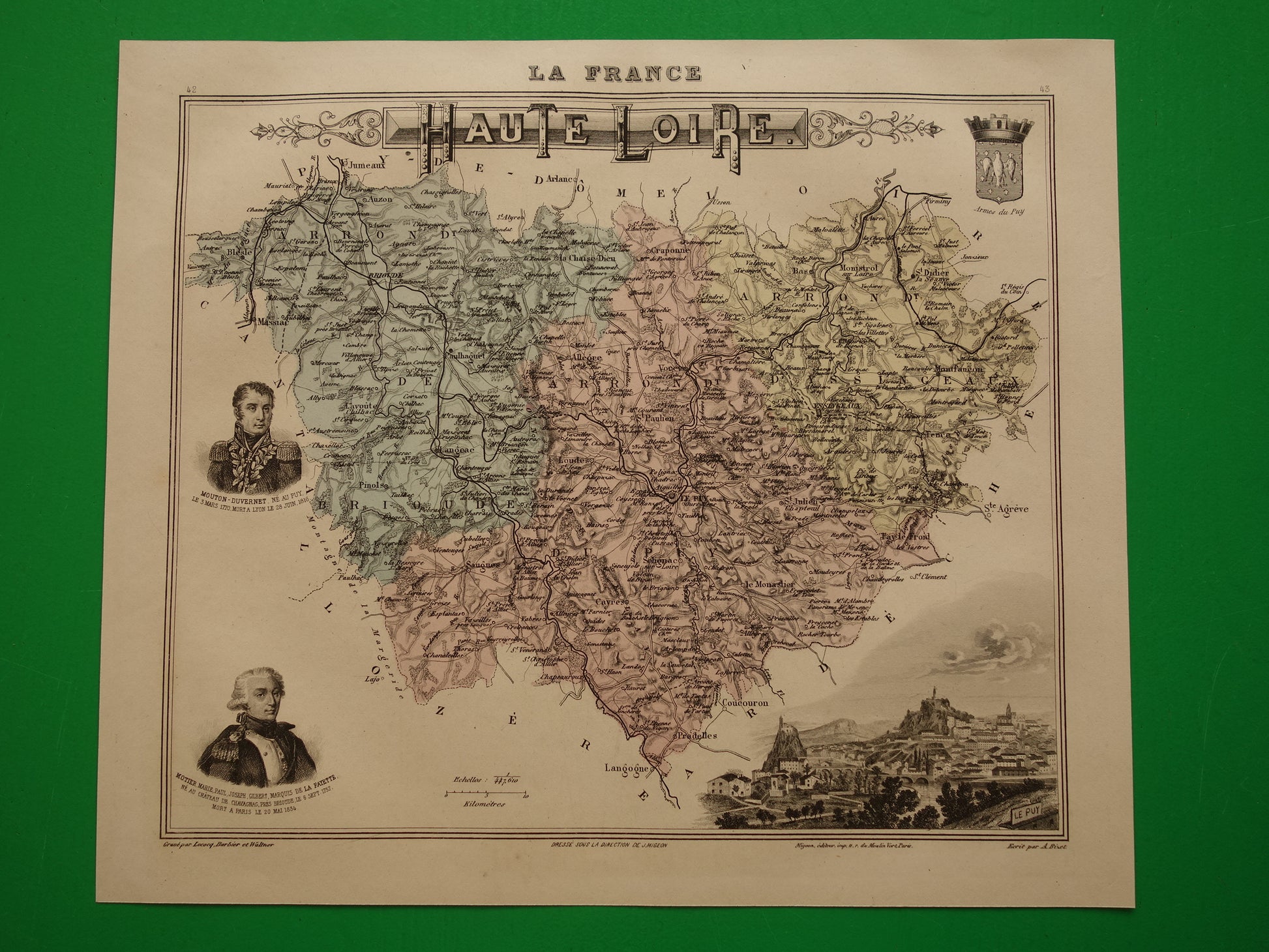 Oude kaart van Haute Loire departement in Frankrijk uit 1886 originele antieke handgekleurde landkaart Le Puy