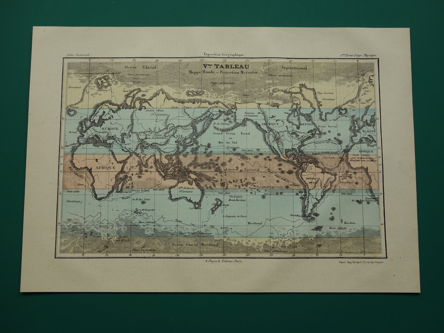 Oude Wereldkaart uit 1877 originele antieke Franse kaart van de wereld in Mercator projectie