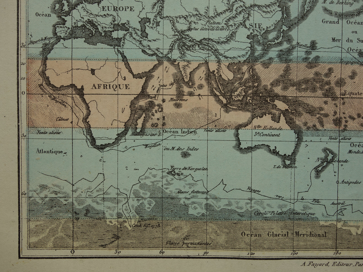 Oude Wereldkaart uit 1877 originele antieke Franse kaart van de wereld in Mercator projectie