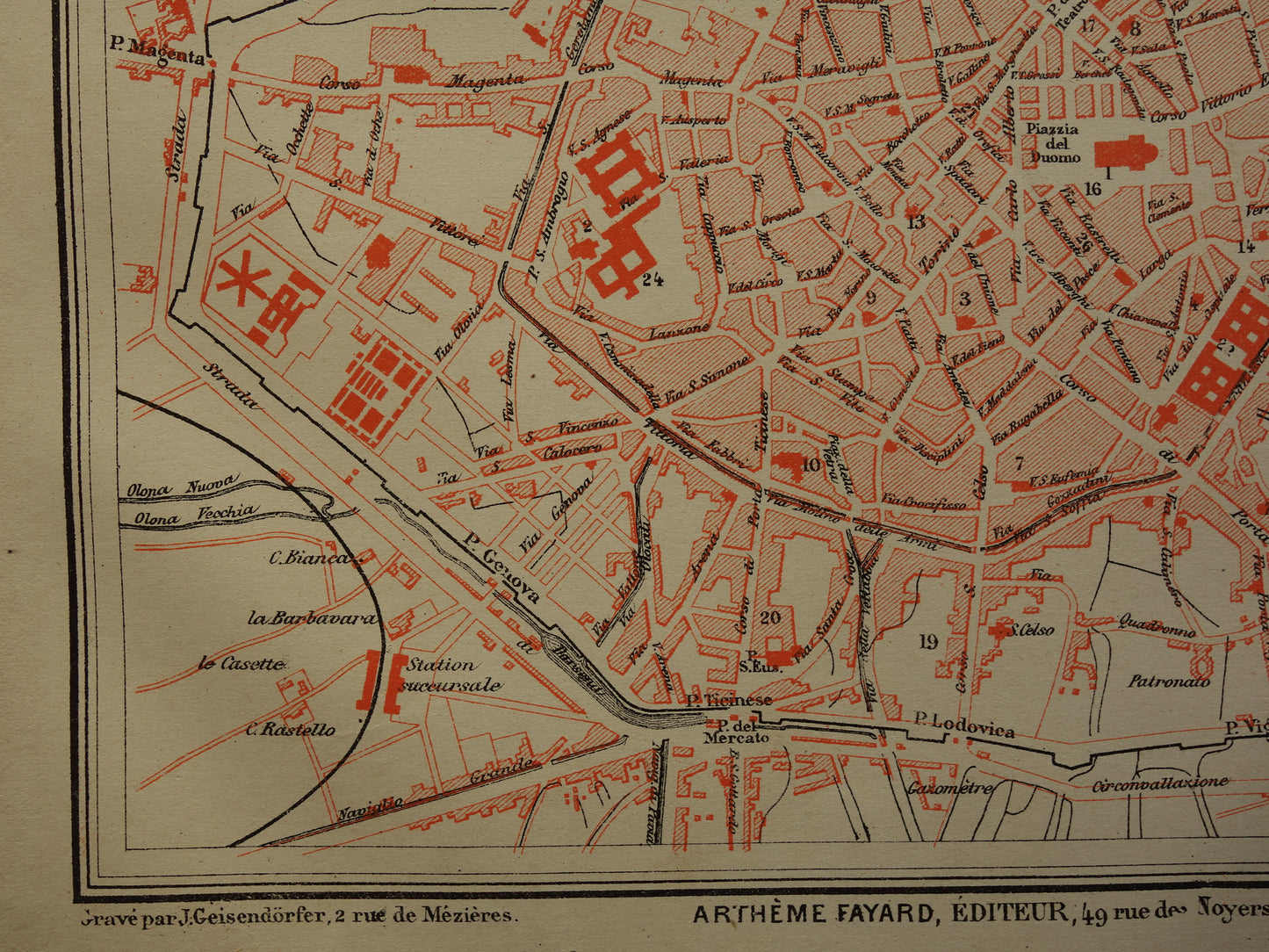 MILAAN Oude kaart van Milaan uit 1879 originele antieke Franse plattegrond historische kaarten