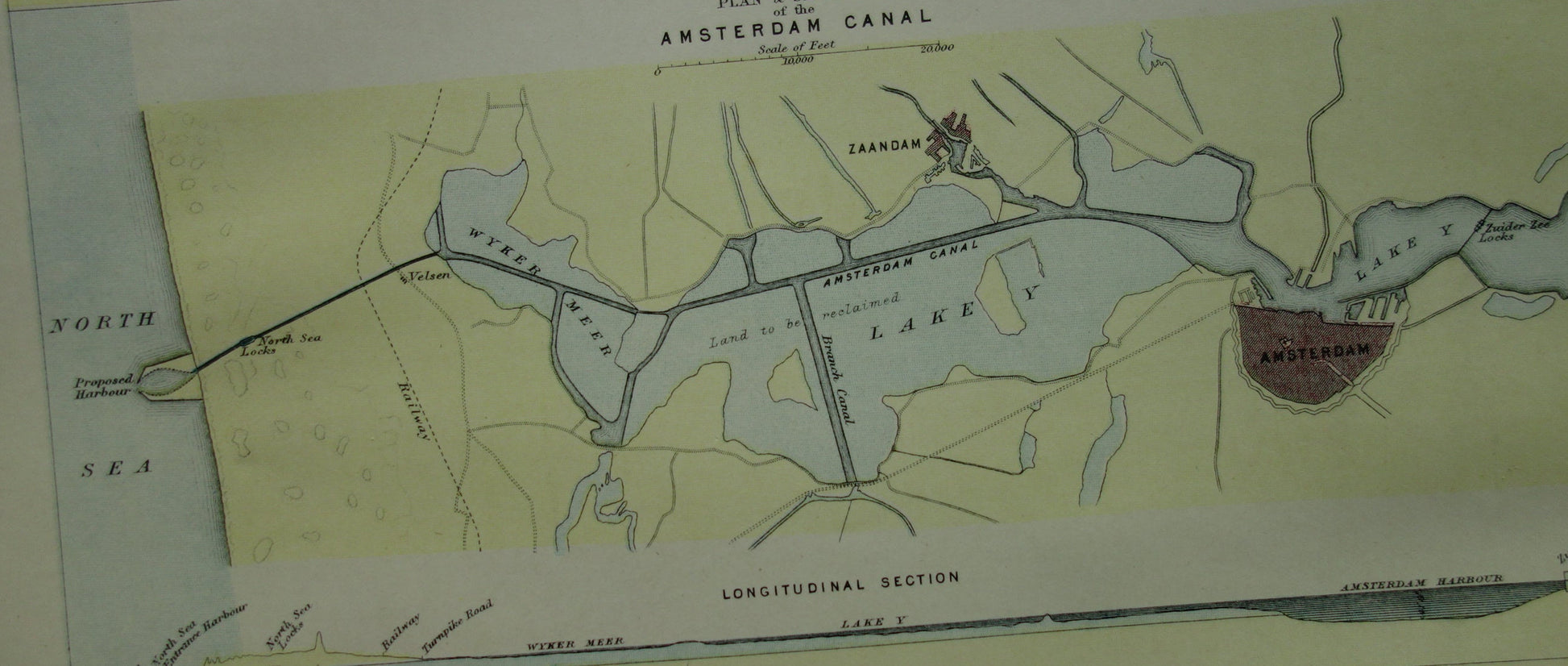 NOORDZEEKANAAL Antieke landkaart originele 140+ jaar oude Engelse kaart van het Noordzeekanaal Amsterdam Ijmuiden