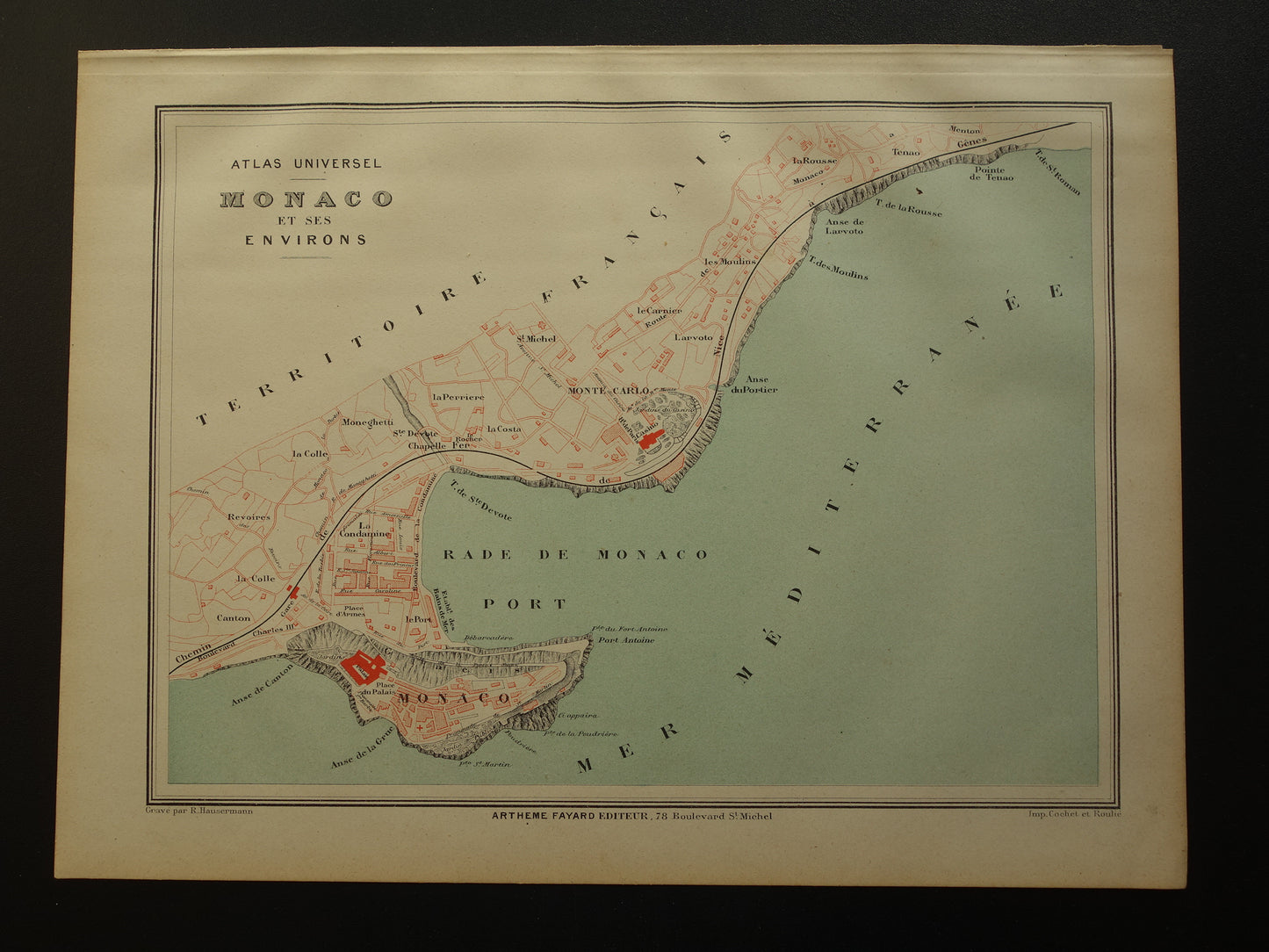 MONACO Oude kaart van Monaco uit 1879 originele antieke Franse plattegrond historische kaarten Monte Carlo