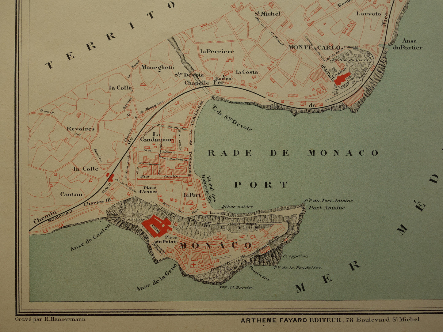 MONACO Oude kaart van Monaco uit 1879 originele antieke Franse plattegrond historische kaarten Monte Carlo