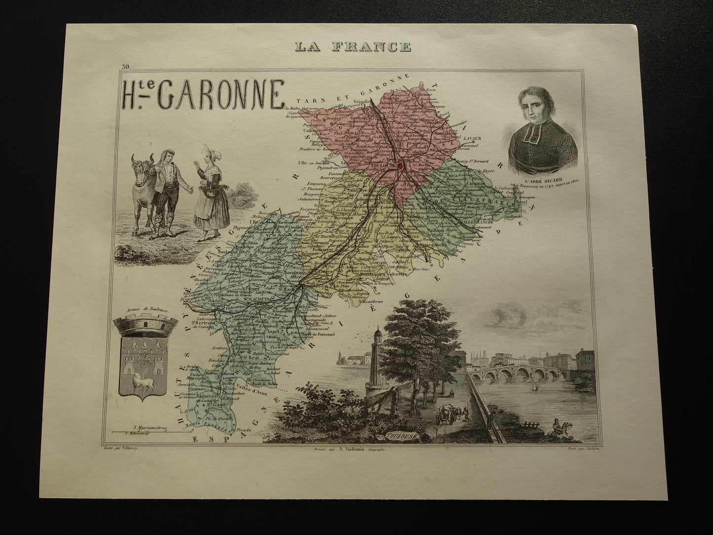 Oude kaart van Haute-Garonne departement in Frankrijk uit 1876 originele antieke handgekleurde landkaart Toulouse Colomiers Muret