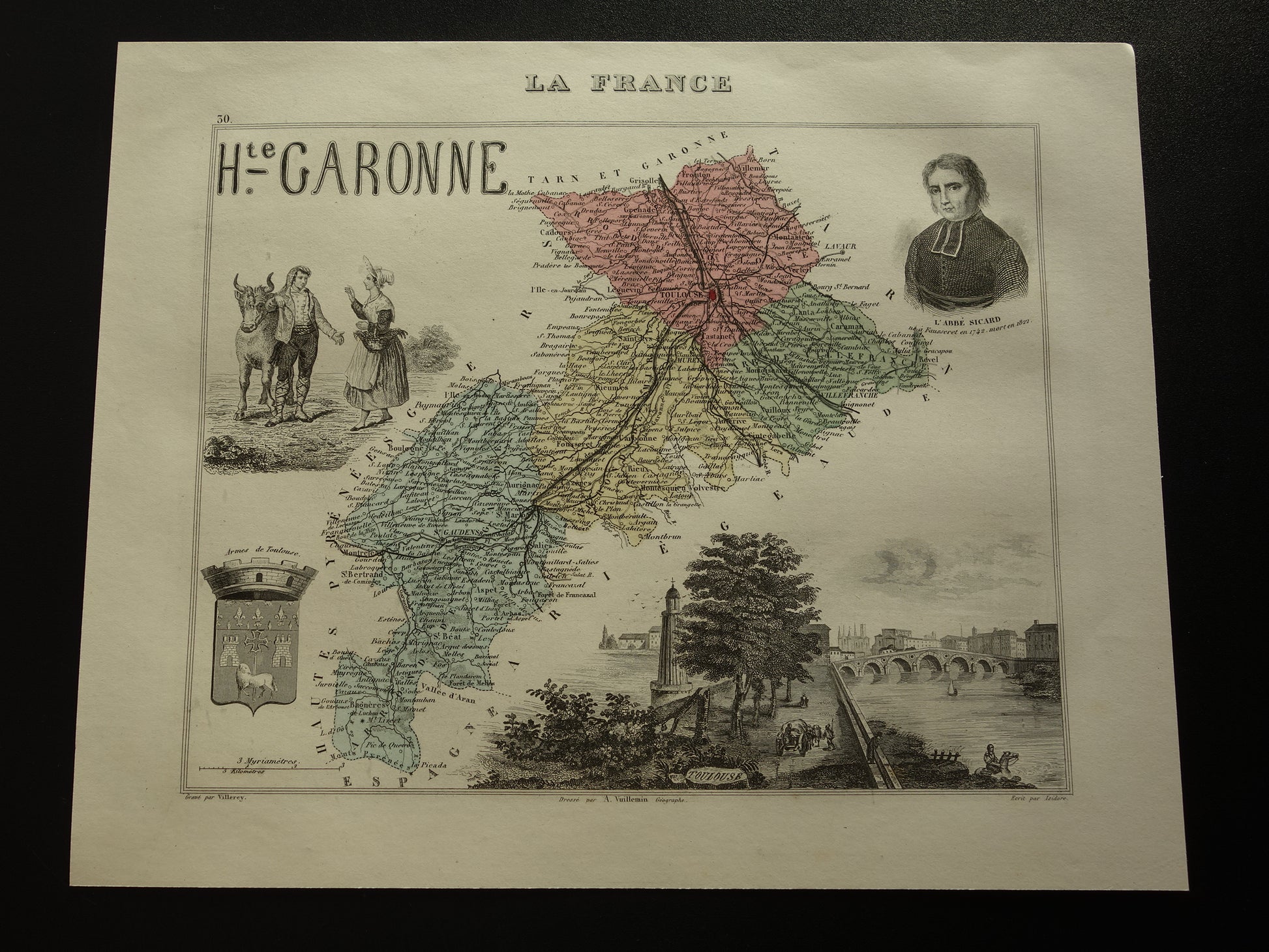 Oude kaart van Haute-Garonne departement in Frankrijk uit 1876 originele antieke handgekleurde landkaart Toulouse Colomiers Muret