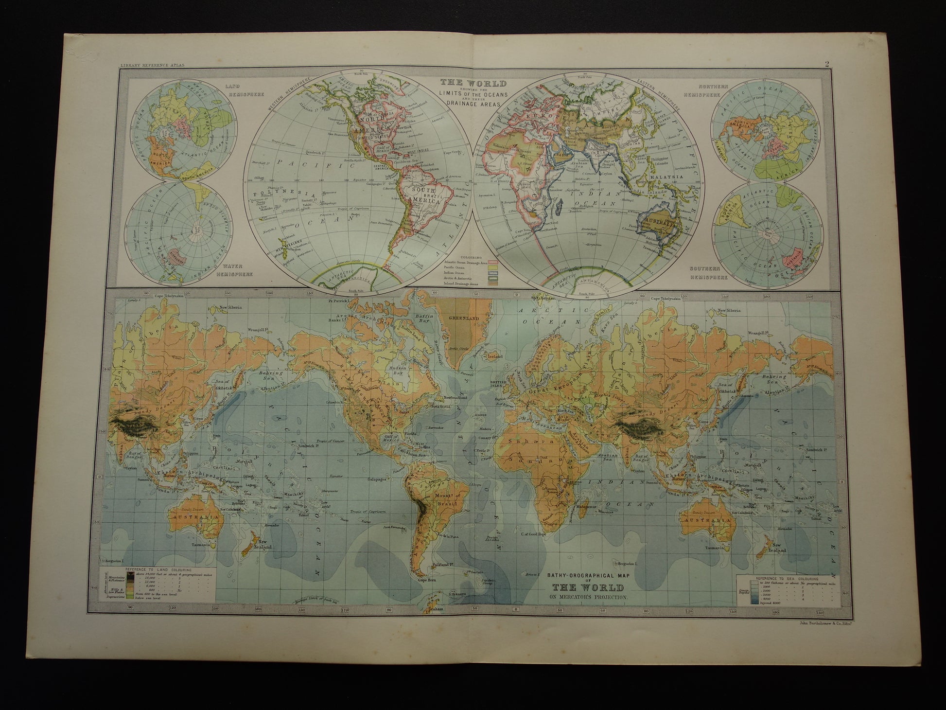Antieke Wereldkaart oude kaart van de  Wereld uit 1890 originele vintage Engelse geografische landkaart oceanen