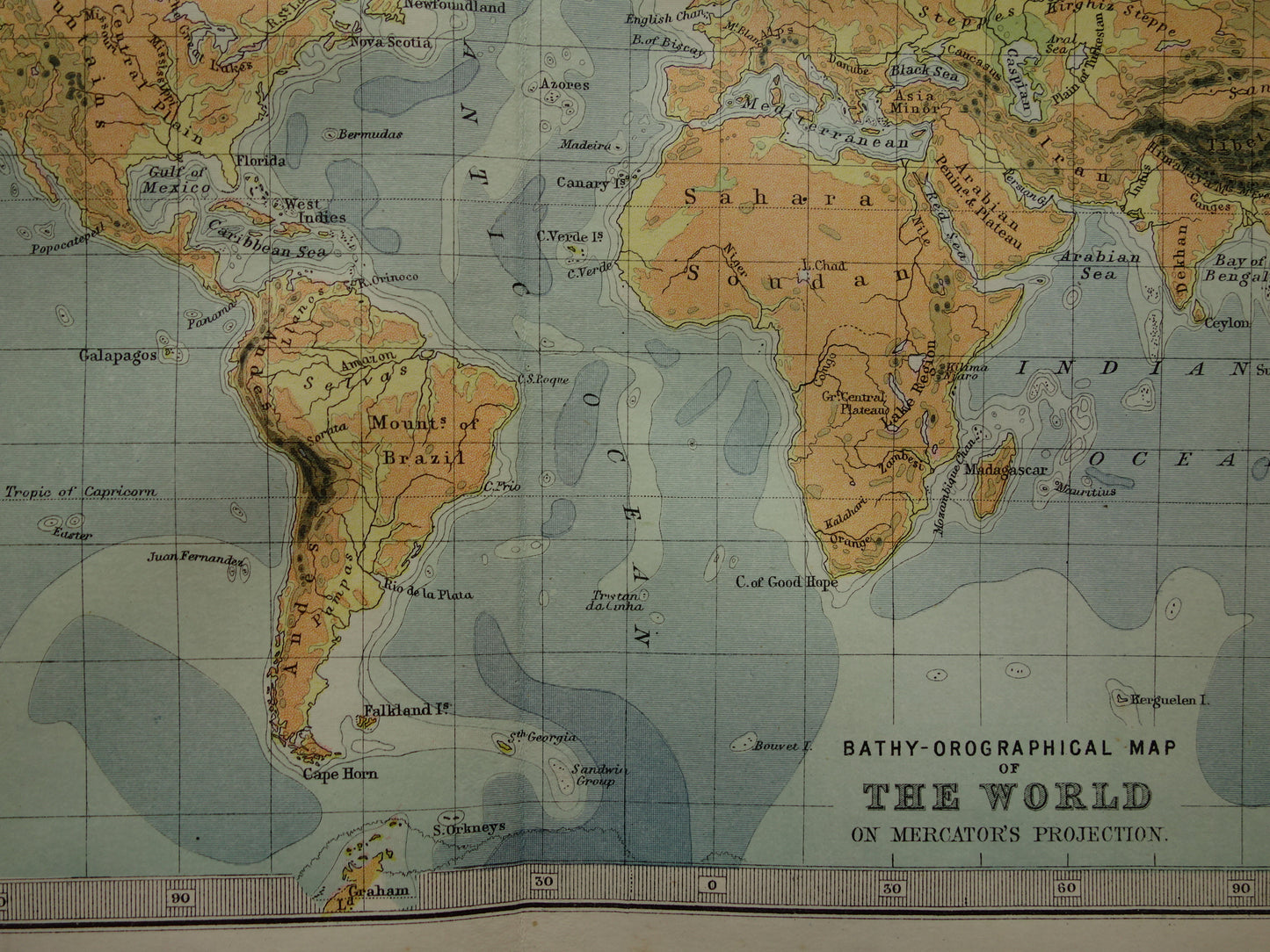 Antieke Wereldkaart oude kaart van de  Wereld uit 1890 originele vintage Engelse geografische landkaart oceanen