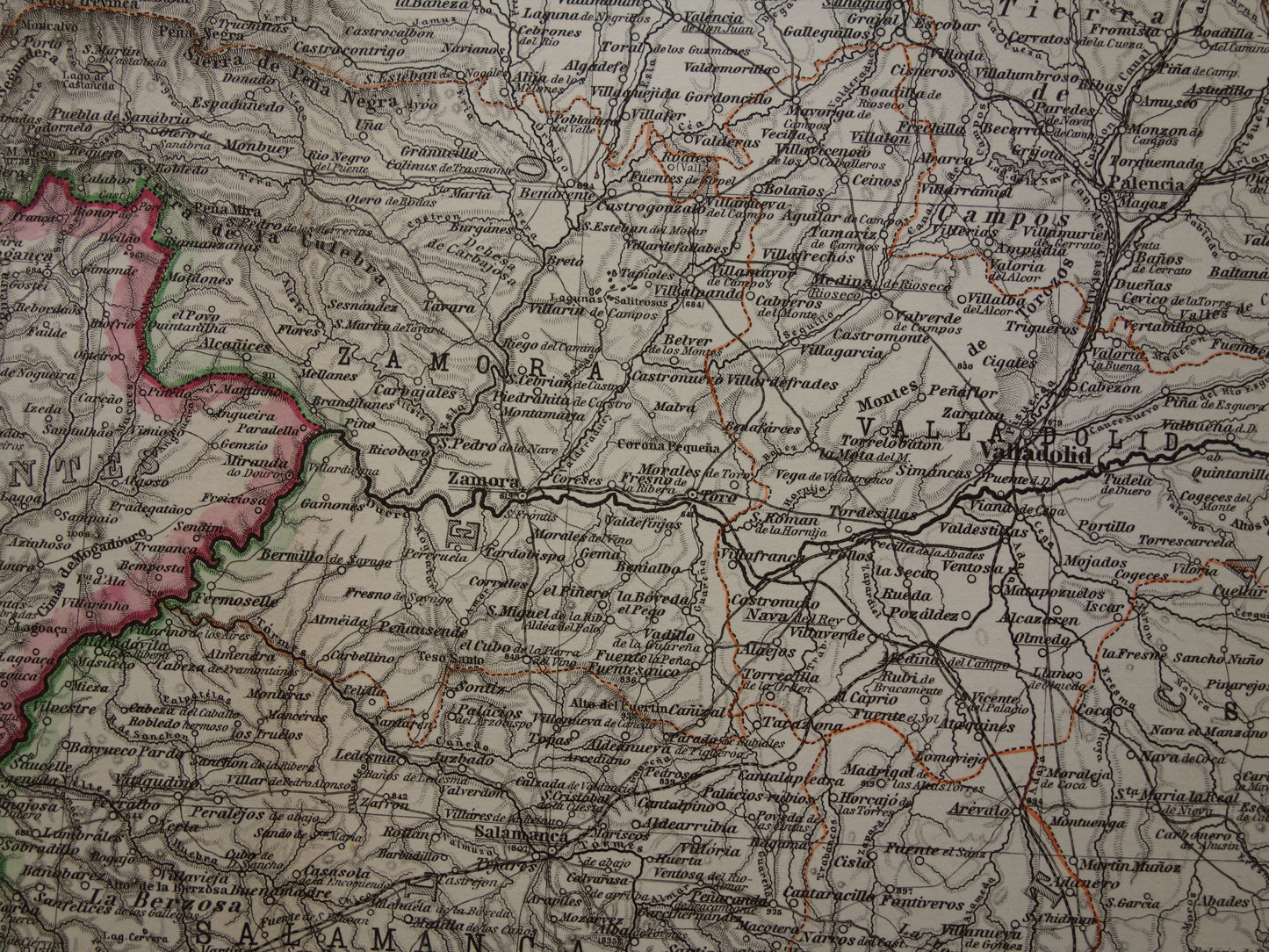 Oude kaart van noordwest Spanje Portugal 1886 originele antieke landkaart Salamanca Santander La Coruna