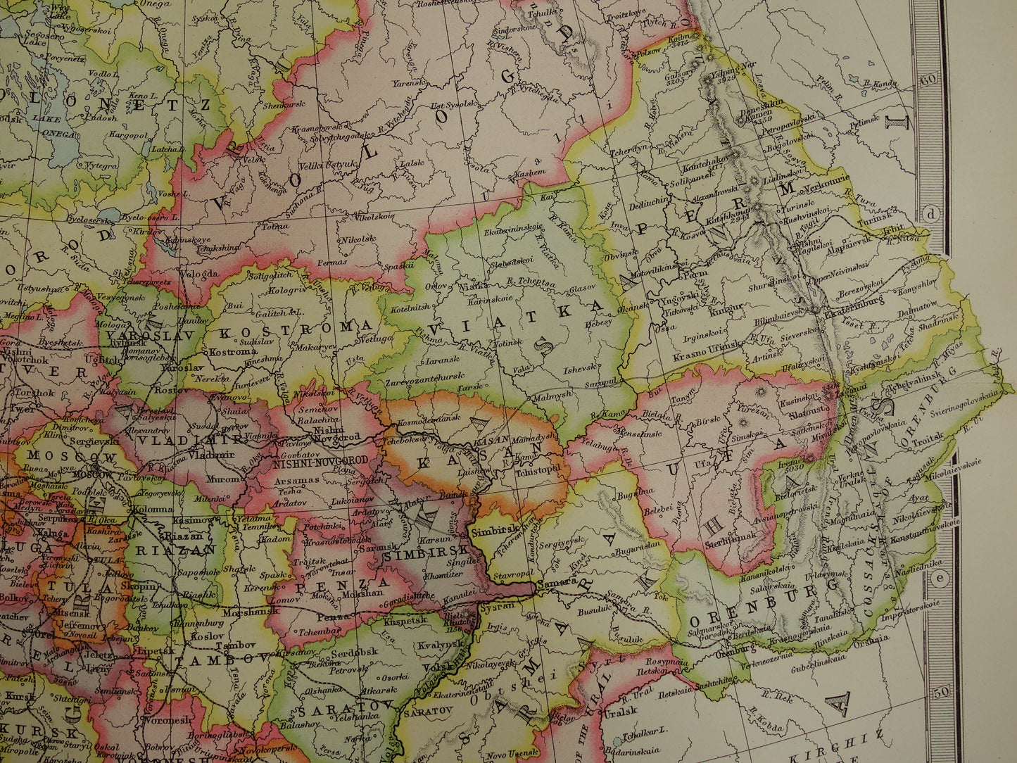 RUSLAND oude kaart van Europees Rusland in 1890 originele antieke Engelse landkaart van Rusland poster