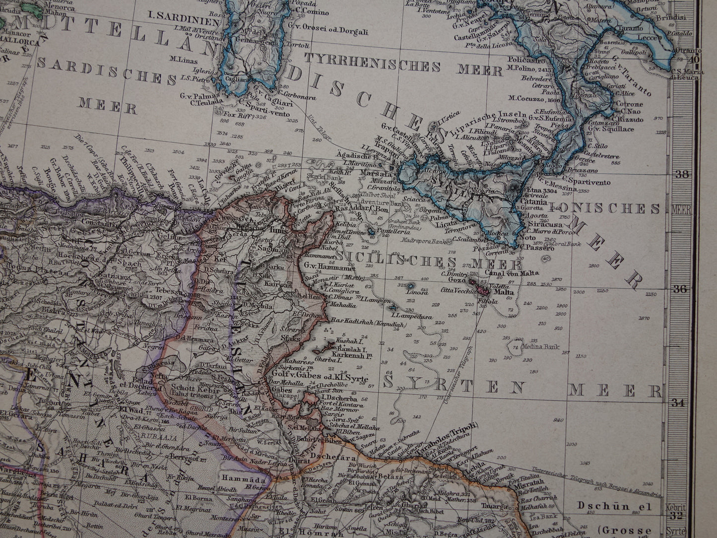 Middellandse Zee antieke kaart van Mediterranée uit 1886 Originele 135+ jaar oude handgekleurde landkaart Italië Griekenland Spanje Turkije Noord-Afrika poster M. zeegebied