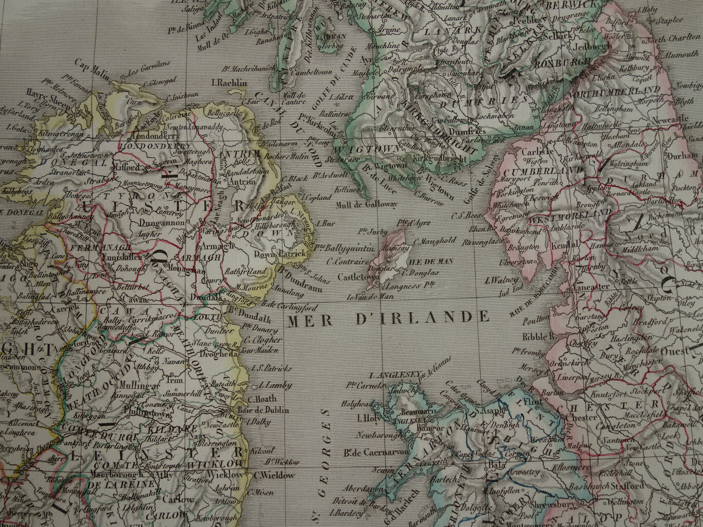 Grote vintage landkaart van GROOT BRITTANIË en IERLAND 190+ jaar oude antieke Franse kaart Verenigd Koninkrijk