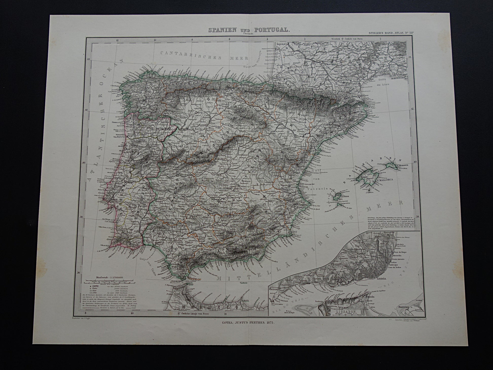 Oude kaart van Spanje en Portugal uit1875 originele antieke landkaart Lissabon - vintage kaarten met datum